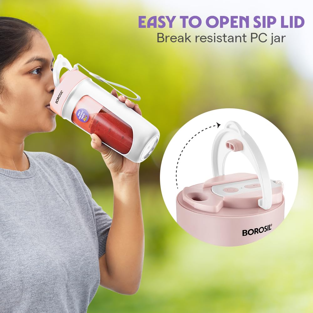 Borosil NutriSip Blue Portable Blender | 40W Low-Noise DC Motor | 340ml Unbreakable PC Jar | USB Rechargeable | Turbo 6 Blade Action | Smoothies, Shakes, Soft Fruit, Protein Mix | 1 Year Warranty