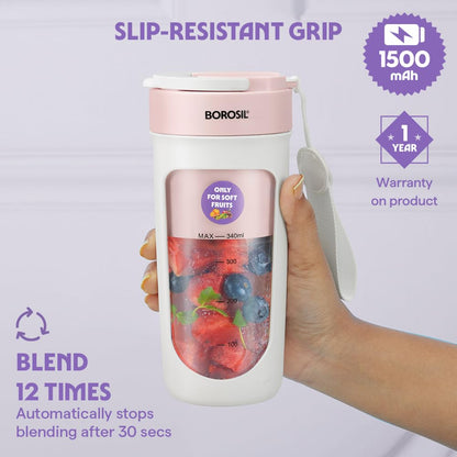 Borosil NutriSip Blue Portable Blender | 40W Low-Noise DC Motor | 340ml Unbreakable PC Jar | USB Rechargeable | Turbo 6 Blade Action | Smoothies, Shakes, Soft Fruit, Protein Mix | 1 Year Warranty