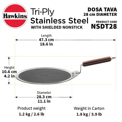 Hawkins Tri-Ply Stainless Steel Dosa Tava, 28 cm (NSDT28) | Shielded Nonstick & Induction Base