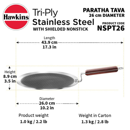 Hawkins Tri-Ply Stainless Steel Paratha Tava with Shielded Nonstick, 26 cm (NSPT26)