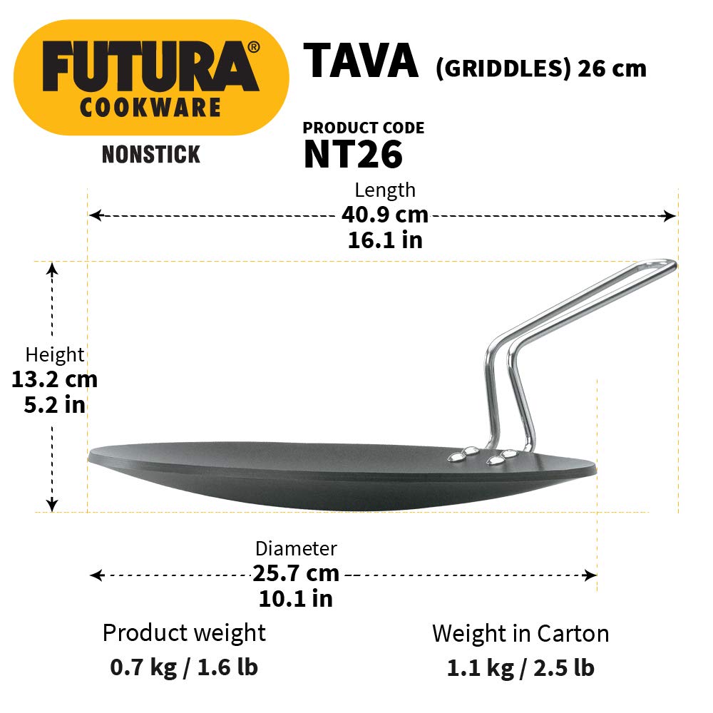 Hawkins Futura Nonstick Tava (Griddle) 26 cm (4.06 mm Thick) – Stay-Cool Stainless Steel Handle (NT26)