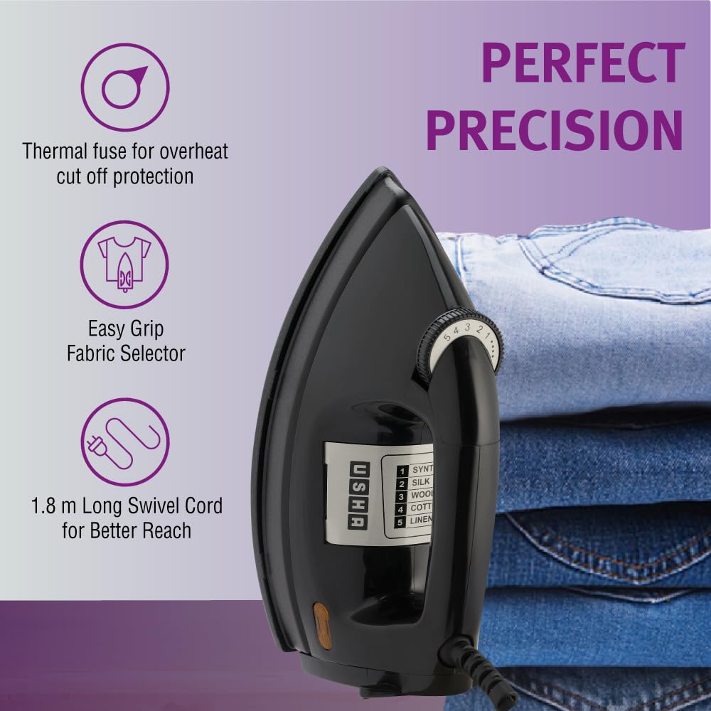 Usha EI 3710 Primora Heavy Weight Dry Iron (1100 Watt / 2.0 kg) with Non-Stick Soleplate