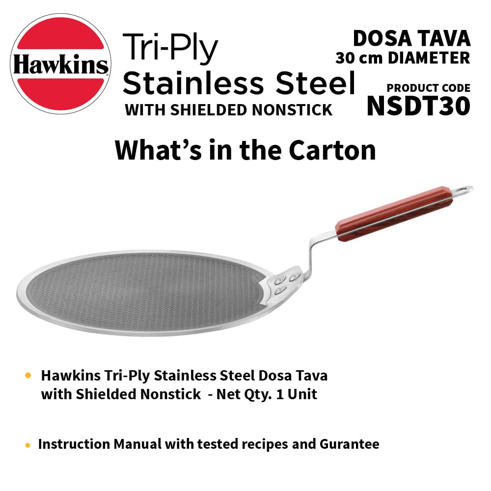 Hawkins Tri-Ply Stainless Steel Dosa Tava, 30 cm (NSDT30) | Shielded Nonstick & Induction Base