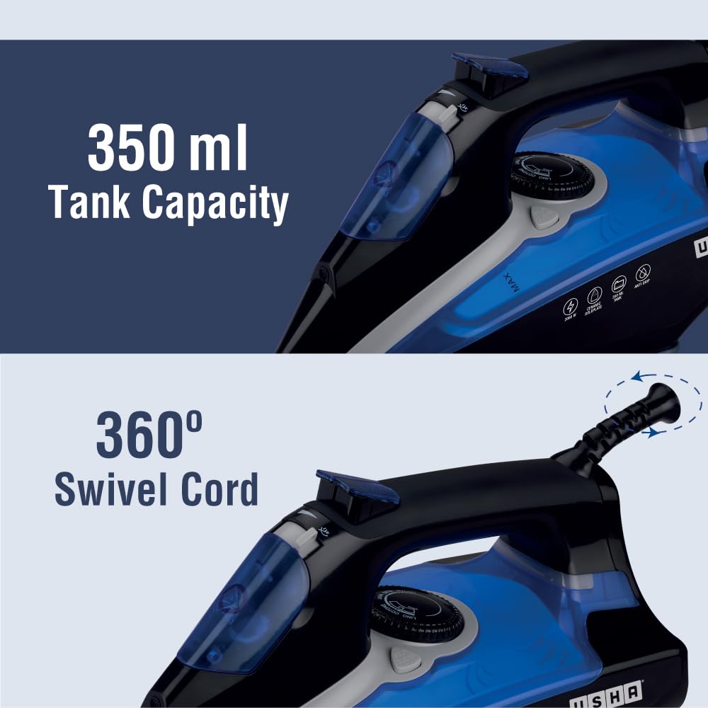 Usha Aqua Mist 2000W Steam Iron with Ceramic Coated Soleplate & 350ml Tank