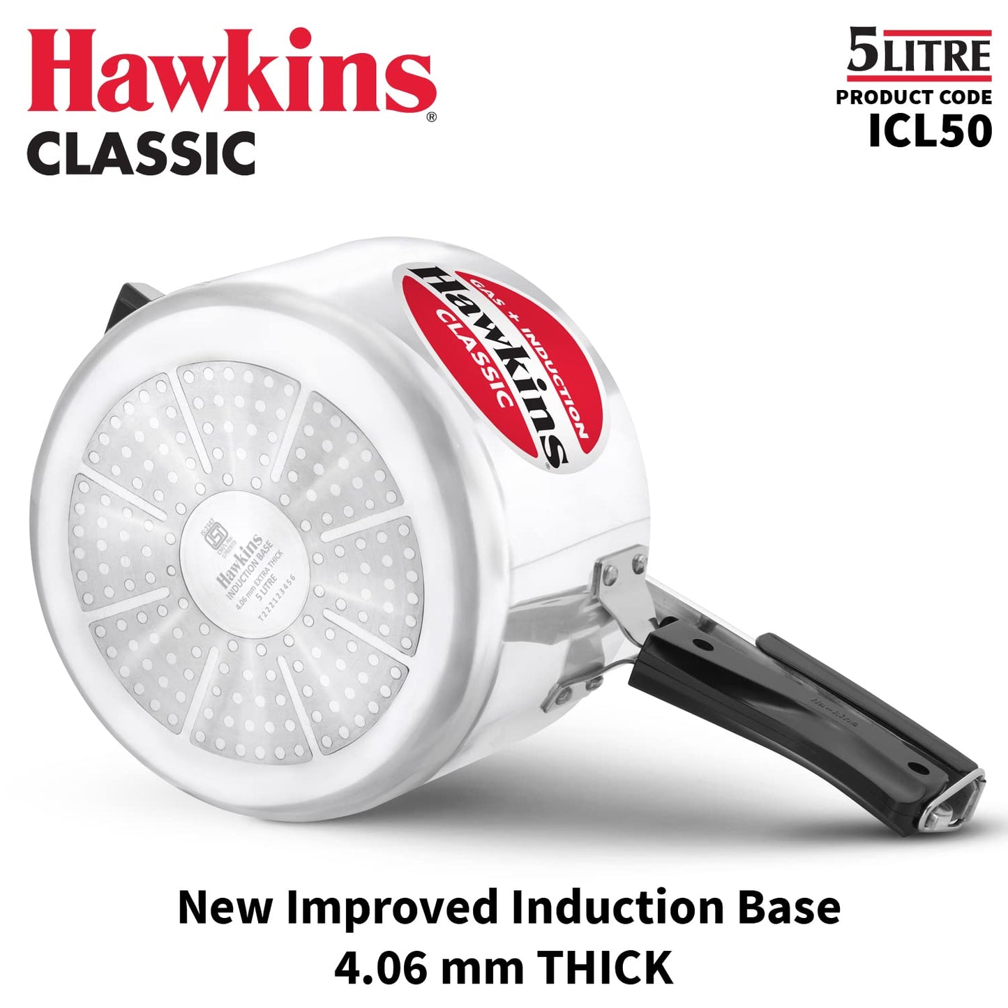 Hawkins Classic 5 Litre Aluminium Pressure Cooker (ICL50) – Gas & Induction Compatible