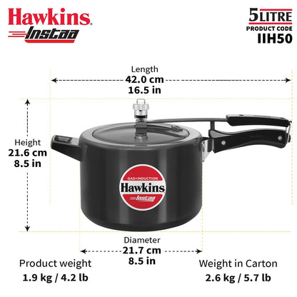 Hawkins Instaa 5 Litre Hard Anodised Pressure Cooker | Gas and Induction Compatible (IIH50)