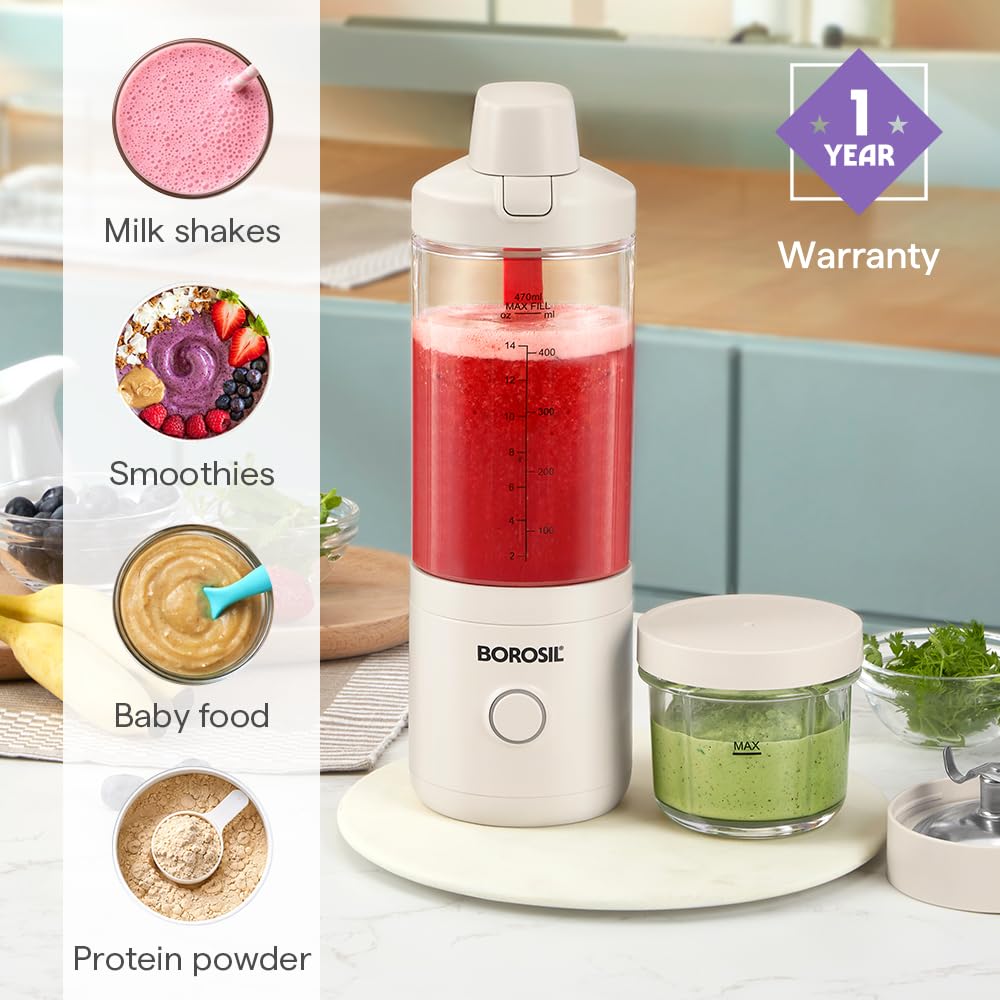 Borosil 75W NutriMate Portable Blender with Grinder | 550ml Tritan Jar with Glass Grinding Jar | DC Motor | Smoothie Maker, Protein Shakes, Juices | Compact & Travel Friendly | 1 Year Warranty