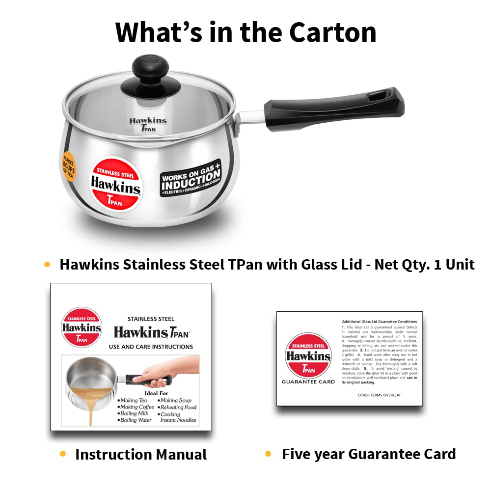 Hawkins Stainless Steel Tea Pan with Glass Lid, 2 Litre (SST20G) | Induction Compatible Saucepan / Chai Pan