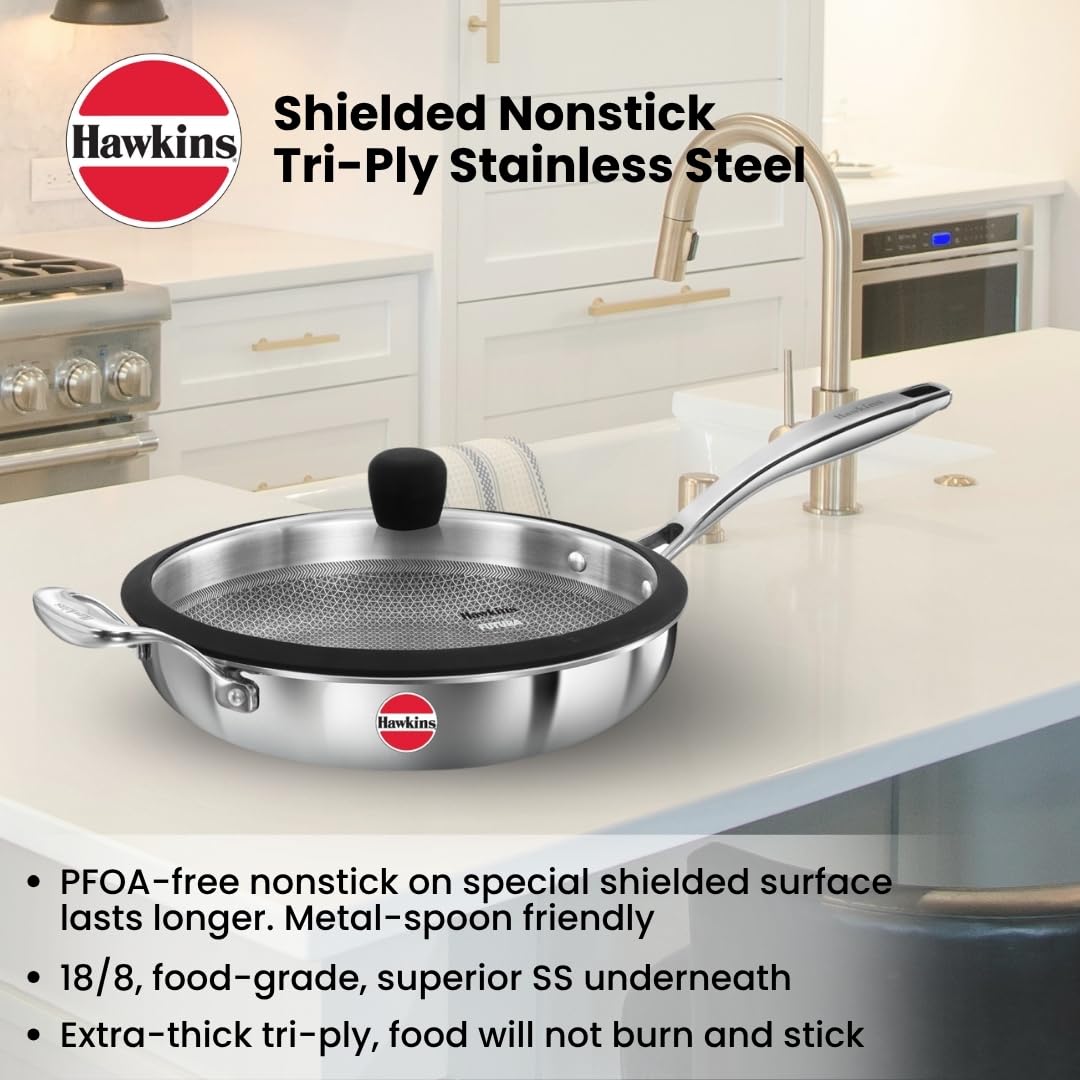 Hawkins Pro 26 cm Tri-Ply Stainless Steel Frying Pan with Glass Lid | Shielded Nonstick (PSNF26G)