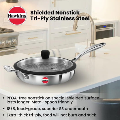Hawkins Pro 26 cm Tri-Ply Stainless Steel Frying Pan with Glass Lid | Shielded Nonstick (PSNF26G)
