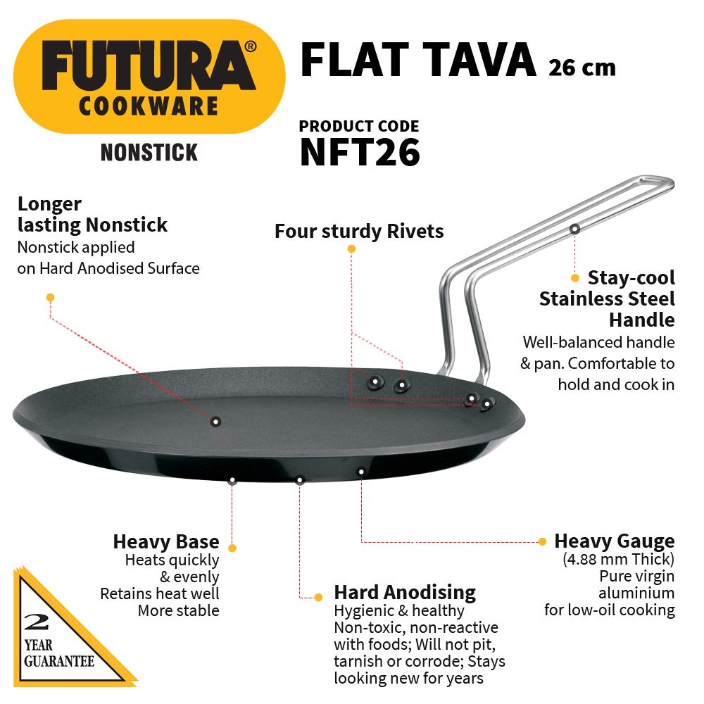 Hawkins Futura Nonstick Flat Tava 26 cm (4.88 mm Thick) – Stay-Cool Stainless Steel Handle (NFT26)