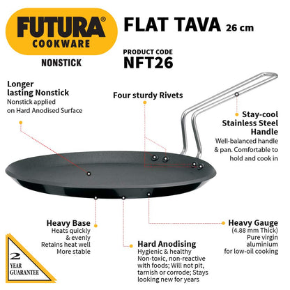 Hawkins Futura Nonstick Flat Tava 26 cm (4.88 mm Thick) – Stay-Cool Stainless Steel Handle (NFT26)
