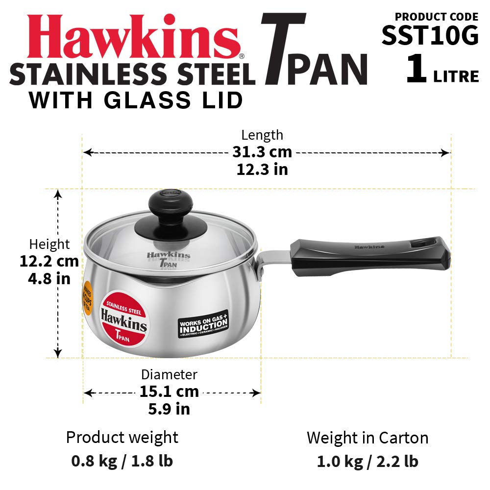 Hawkins Stainless Steel Tea Pan with Glass Lid, 1 Litre (SST10G) | Induction Compatible Saucepan / Chai Pan