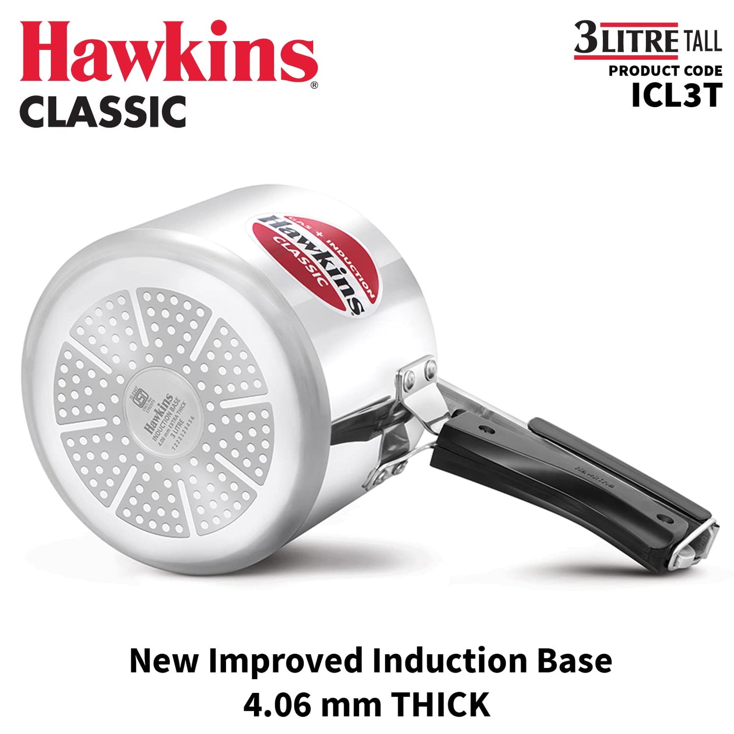 Hawkins Classic 3 Litre Tall Induction Compatible Aluminium Pressure Cooker (ICL3T, Silver)