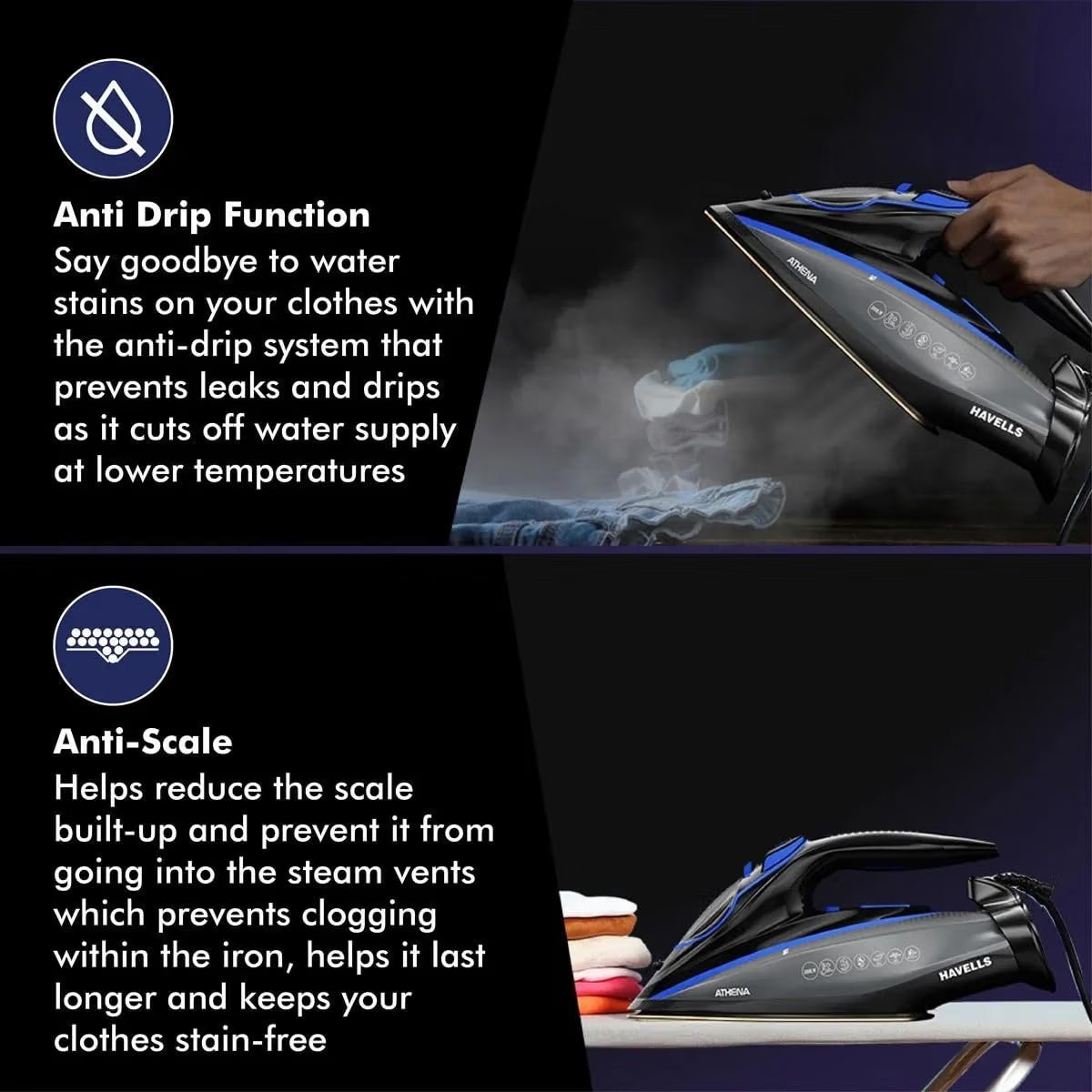 Havells Athena 3000W Steam Iron – Smart i Sense Technology | Anti-Drip | Ceramic Soleplate