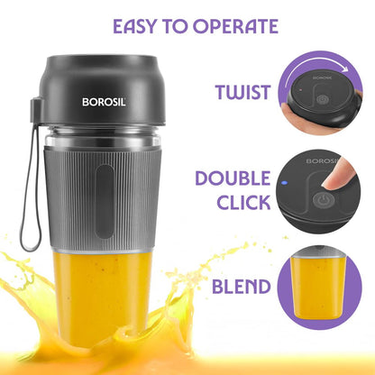 Borosil NutriGrip Blue Portable Blender | 40W Low-Noise DC Motor | 300ml Unbreakable PC Jar | USB Rechargeable | Turbo 6 Blade Action | Smoothies, Shakes, Soft Fruit, Protein Mix | 1 Year Warranty