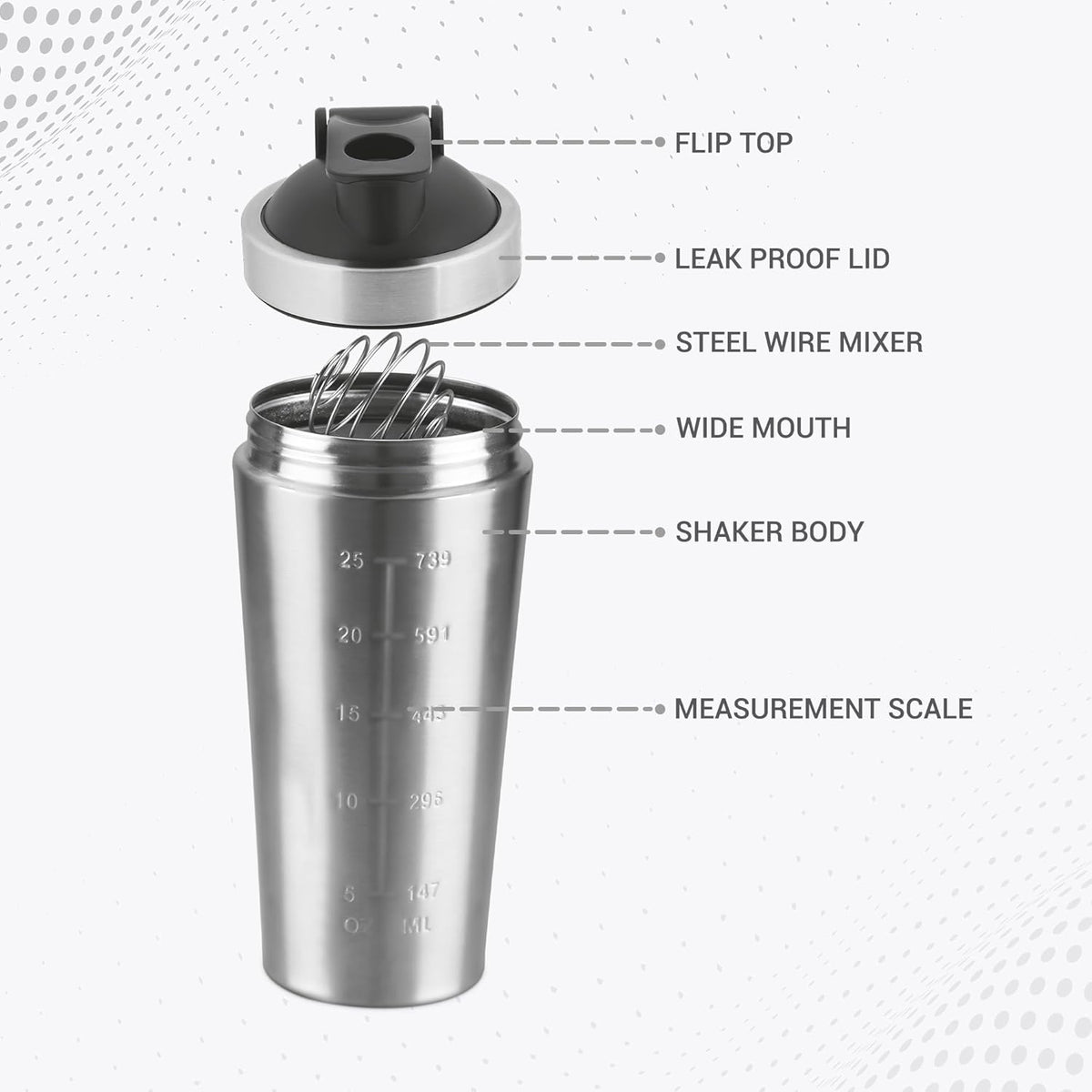 Milton 739ml Stainless Steel Protein Shaker with Mixer Ball
