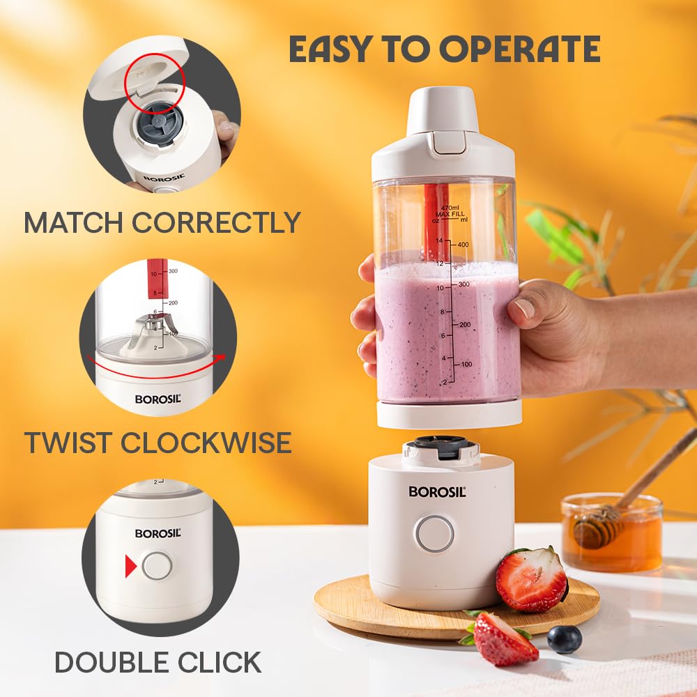 Borosil 75W NutriMate Portable Blender with Grinder | 550ml Tritan Jar with Glass Grinding Jar | DC Motor | Smoothie Maker, Protein Shakes, Juices | Compact & Travel Friendly | 1 Year Warranty