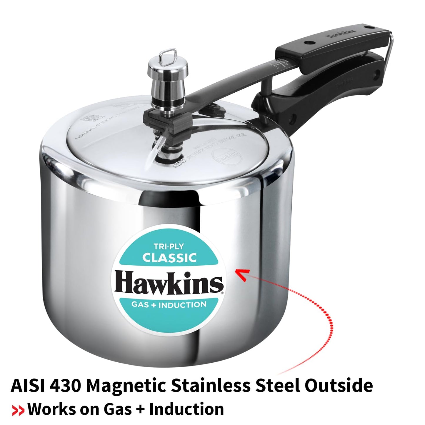 Hawkins Tri-Ply Classic Stainless Steel Pressure Cooker (3 Litre Tall, SSTCL3T) – Gas & Induction Compatible