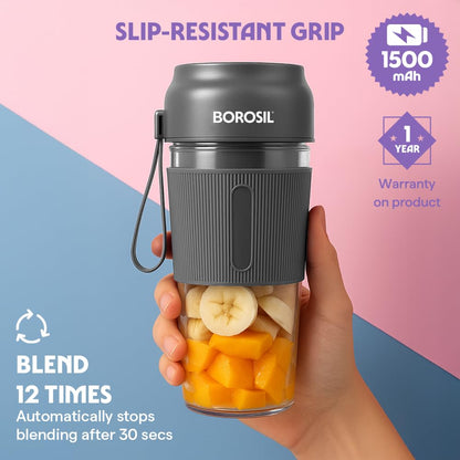 Borosil NutriGrip Blue Portable Blender | 40W Low-Noise DC Motor | 300ml Unbreakable PC Jar | USB Rechargeable | Turbo 6 Blade Action | Smoothies, Shakes, Soft Fruit, Protein Mix | 1 Year Warranty