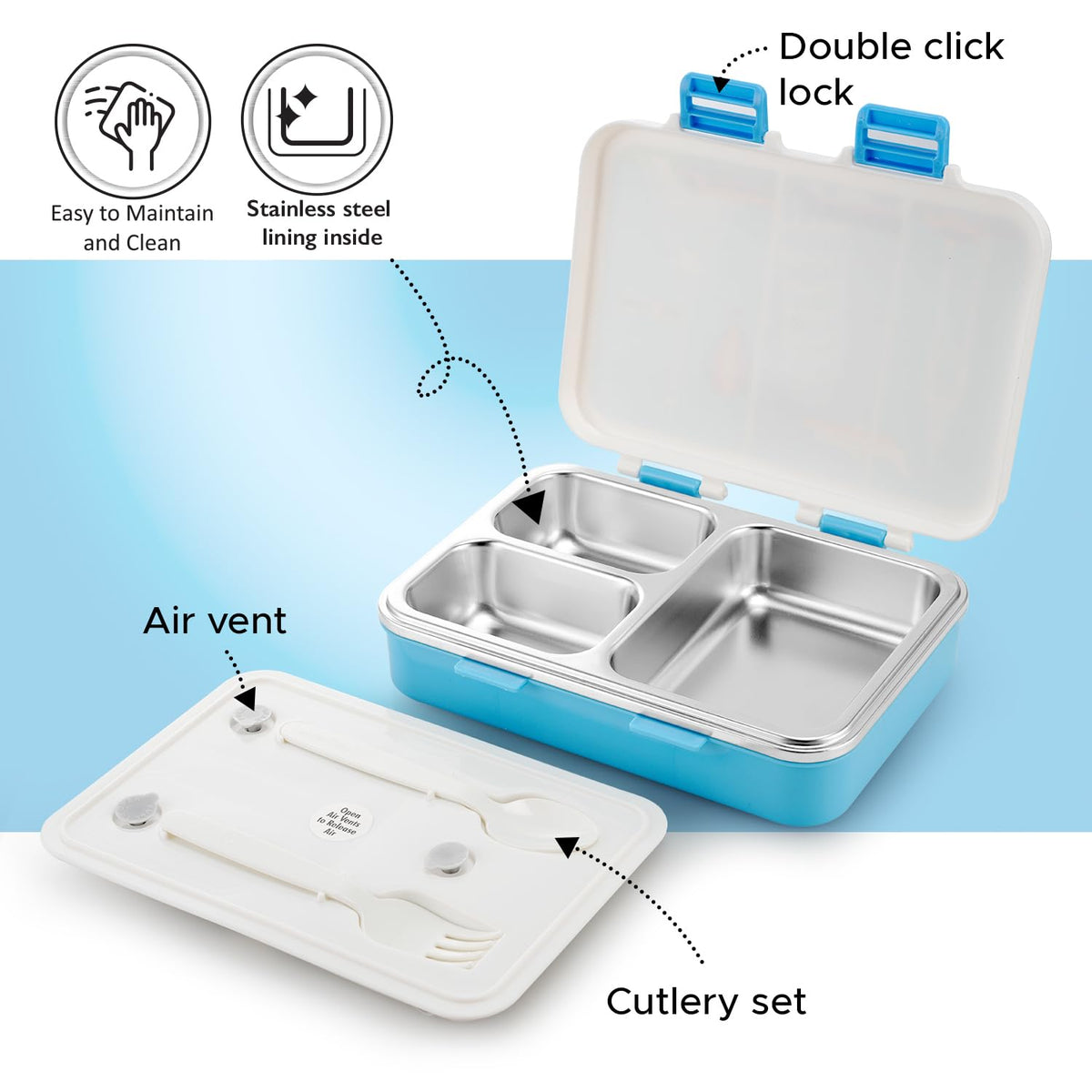 Nayasa Vitamax Insulated Stainless Steel Lunch Box | Leakproof 3-Compartment Tiffin with Cutlery (750ml)