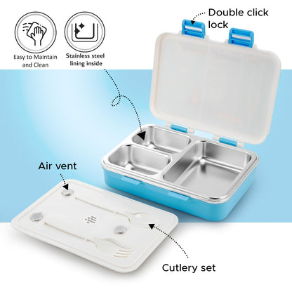 Nayasa Vitamax Insulated Stainless Steel Lunch Box | Leakproof 3-Compartment Tiffin with Cutlery (750ml)