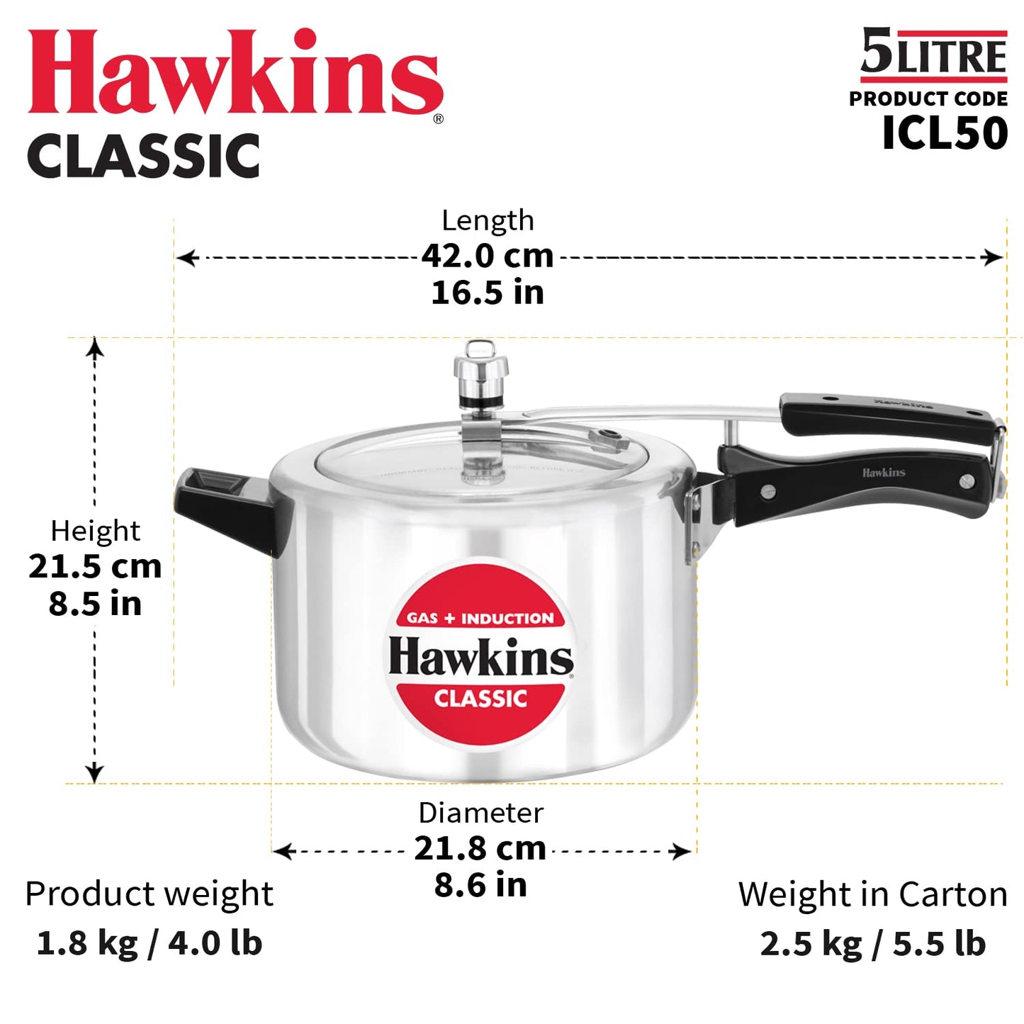 Hawkins Classic 5 Litre Aluminium Pressure Cooker (ICL50) – Gas & Induction Compatible