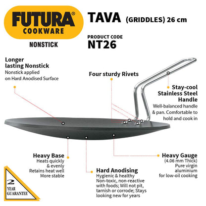 Hawkins Futura Nonstick Tava (Griddle) 26 cm (4.06 mm Thick) – Stay-Cool Stainless Steel Handle (NT26)