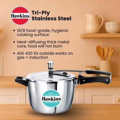 Hawkins Tri-Ply Stainless Steel Pressure Cooker (4.5 Litre, HSST45) – Gas & Induction Compatible