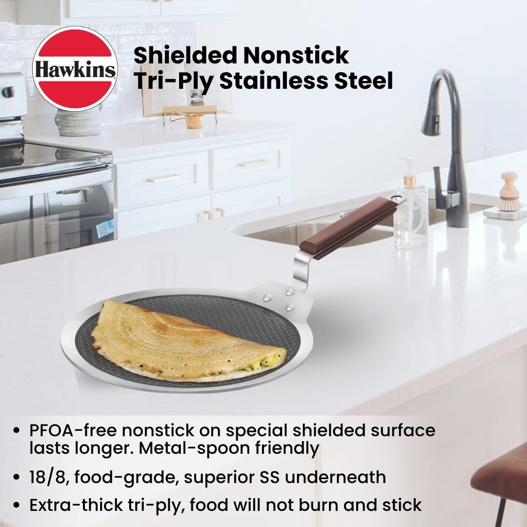 Hawkins Tri-Ply Stainless Steel Dosa Tava, 28 cm (NSDT28) | Shielded Nonstick & Induction Base
