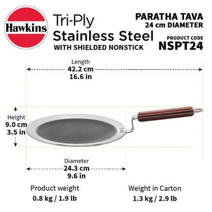 Hawkins Tri-Ply Stainless Steel Paratha Tava, 24 cm (NSPT24) | Shielded Nonstick & Induction Base