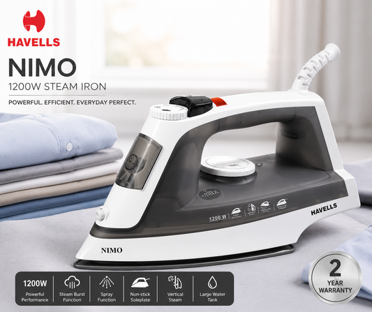 Havells Nimo 1200W Steam Iron with Non-Stick Soleplate, Vertical Steam & 180ml Water Tank | 2-Year Warranty