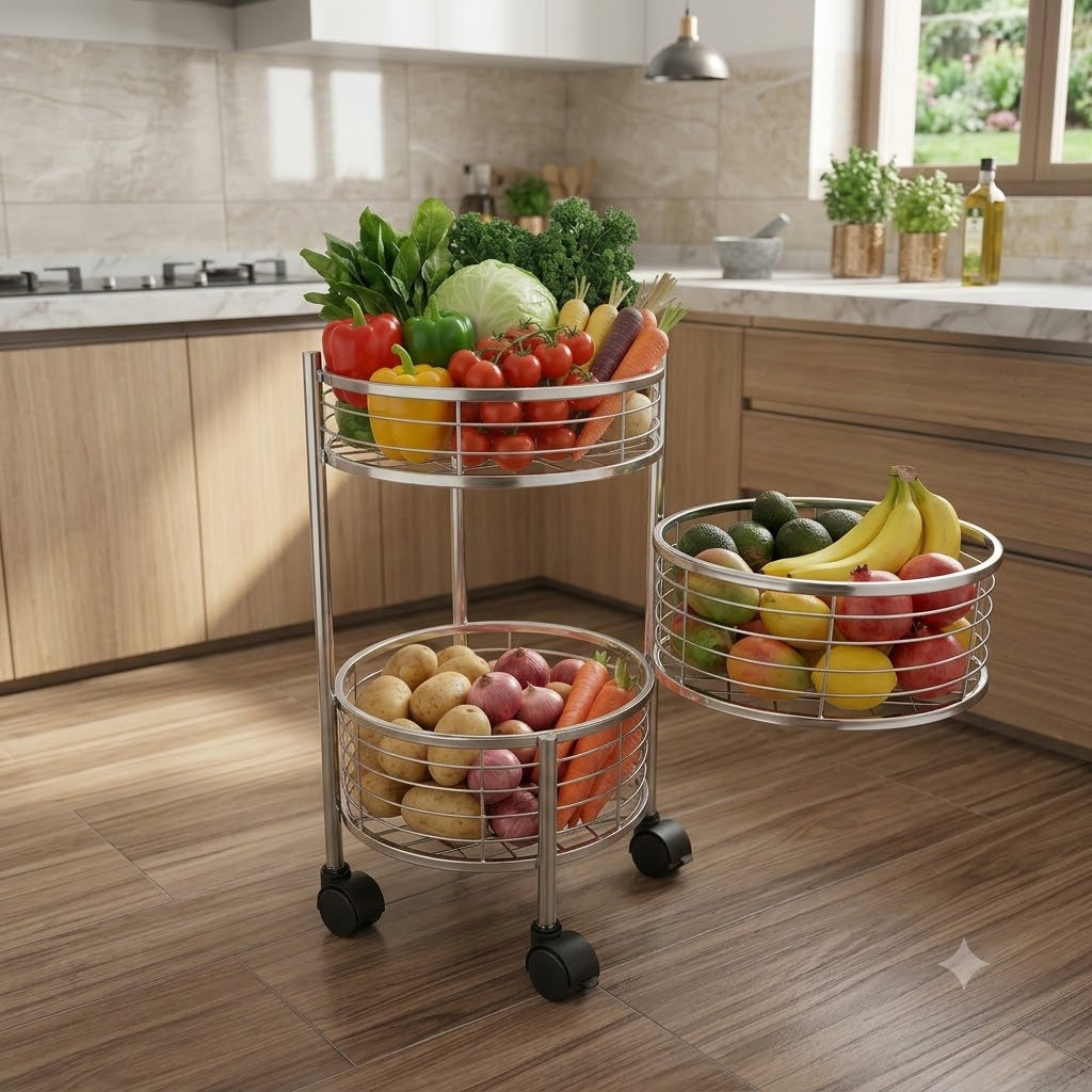 3 Tier Stainless Steel Round Kitchen Trolley with Rotating Baskets & Wheels | Multipurpose Fruit & Vegetable Storage Rack