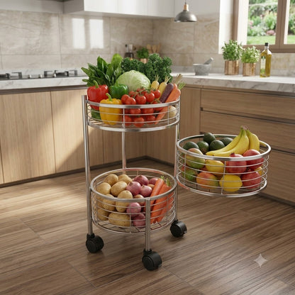 3 Tier Stainless Steel Round Kitchen Trolley with Rotating Baskets & Wheels | Multipurpose Fruit & Vegetable Storage Rack