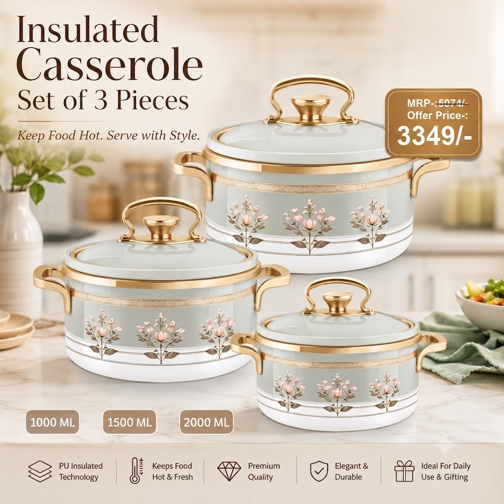 Rachel Premium 3-Piece Insulated Casserole Set (1000ml, 1500ml, 2000ml) – Double Walled Stainless Steel Hot Pot for Roti & Curries