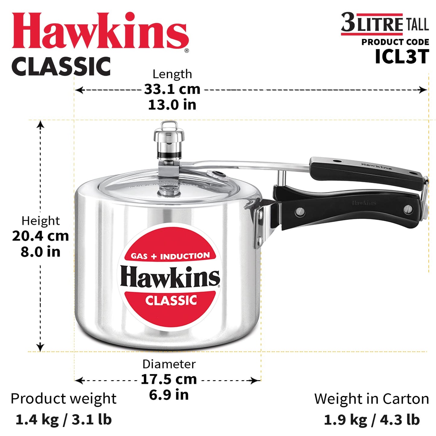 Hawkins Classic 3 Litre Tall Induction Compatible Aluminium Pressure Cooker (ICL3T, Silver)