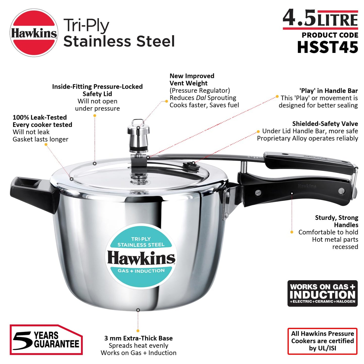 Hawkins Tri-Ply Stainless Steel Pressure Cooker (4.5 Litre, HSST45) – Gas & Induction Compatible