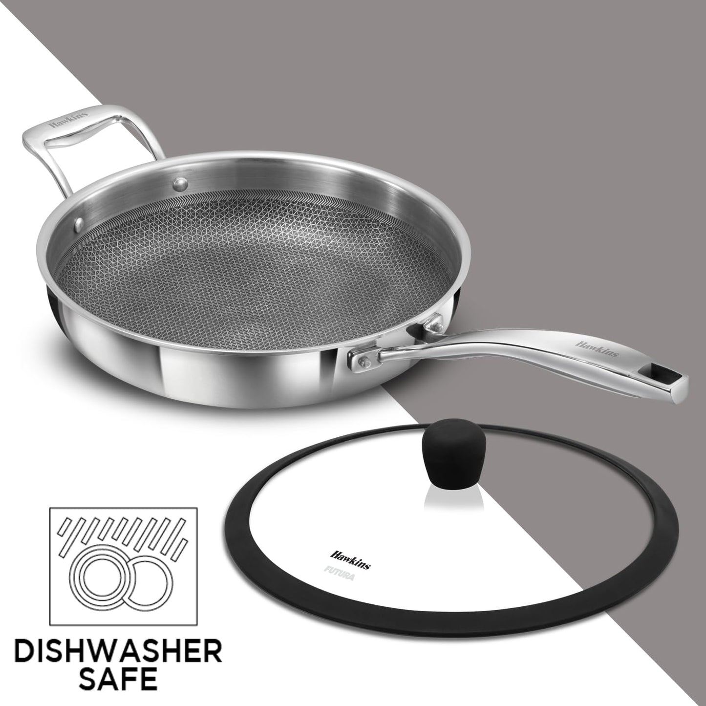 Hawkins Pro 26 cm Tri-Ply Stainless Steel Frying Pan with Glass Lid | Shielded Nonstick (PSNF26G)