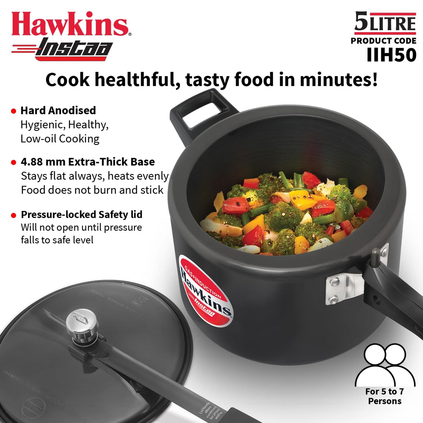 Hawkins Instaa 5 Litre Hard Anodised Pressure Cooker | Gas and Induction Compatible (IIH50)