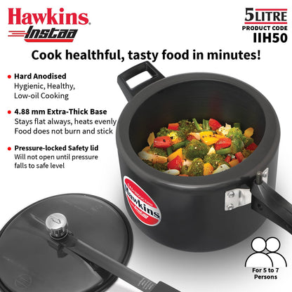 Hawkins Instaa 5 Litre Hard Anodised Pressure Cooker | Gas and Induction Compatible (IIH50)