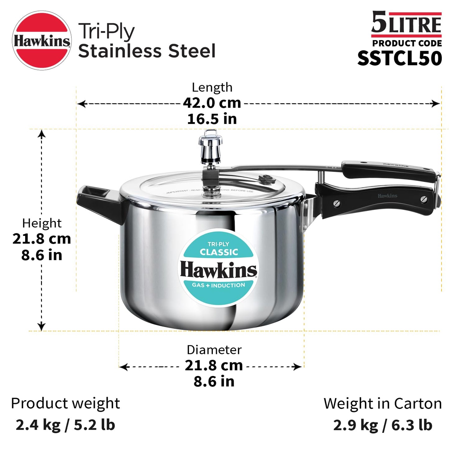 Hawkins Tri-Ply Stainless Steel Classic Pressure Cooker, 5 Litre (SSTCL50) | Gas & Induction Compatible