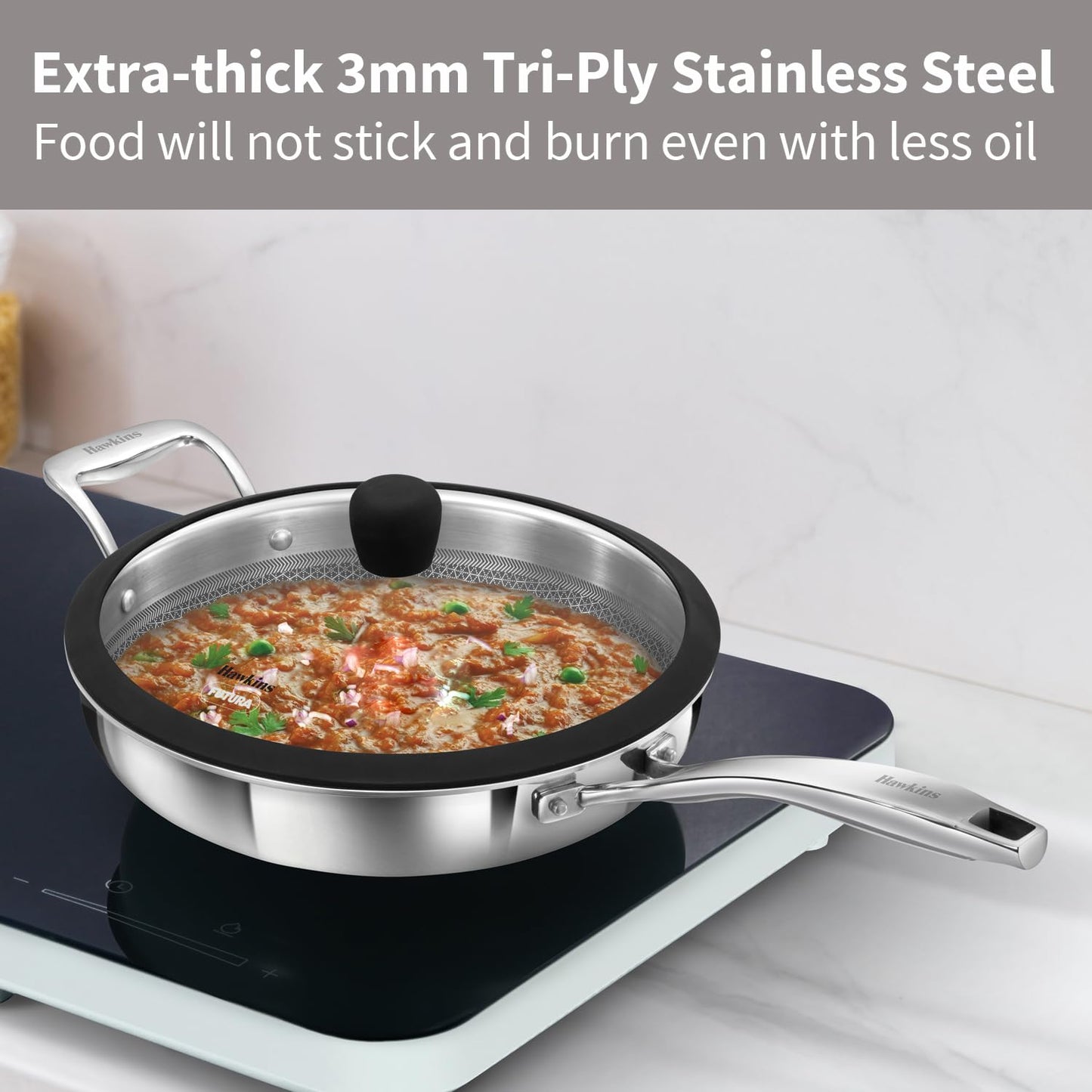 Hawkins Pro 26 cm Tri-Ply Stainless Steel Frying Pan with Glass Lid | Shielded Nonstick (PSNF26G)