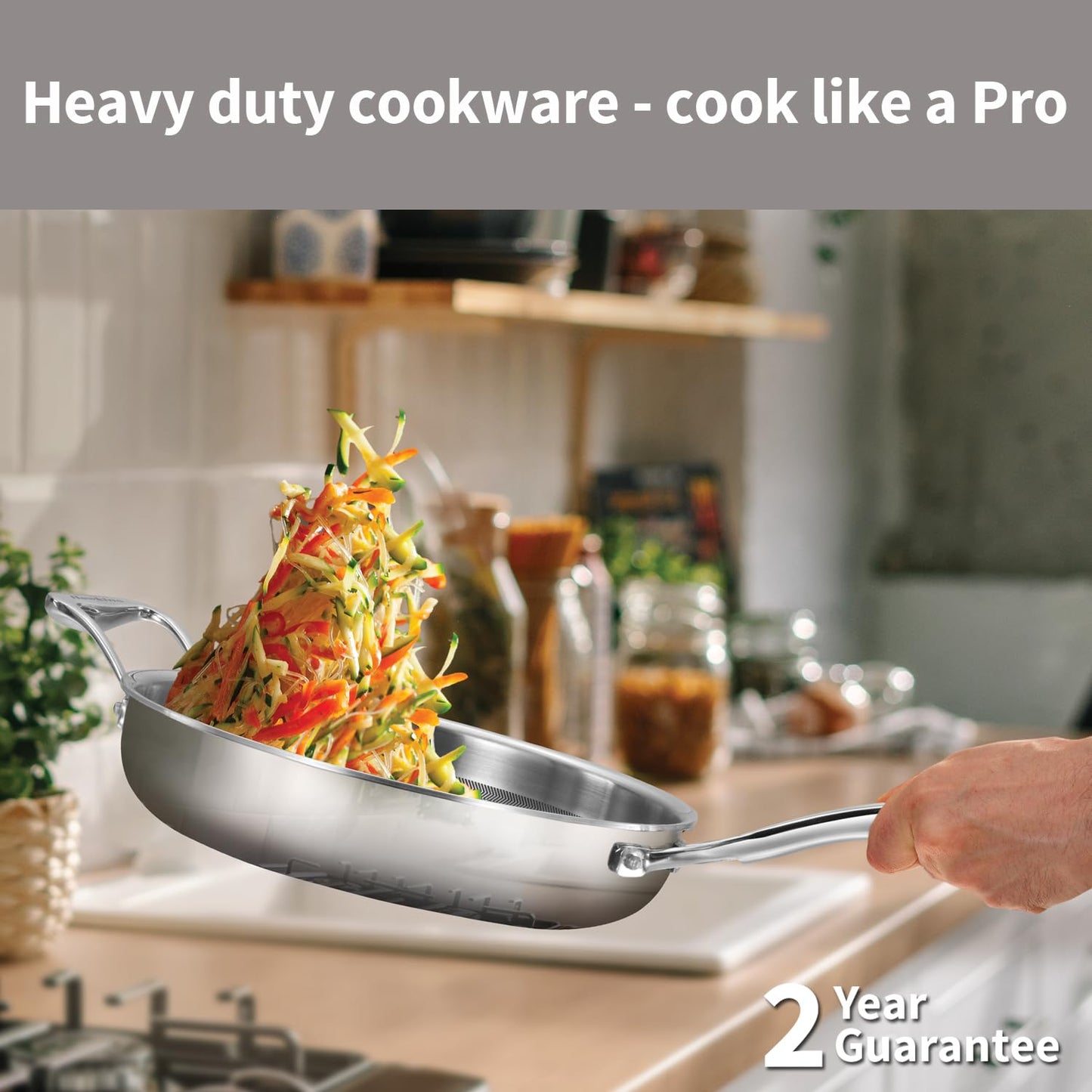 Hawkins Pro 26 cm Tri-Ply Stainless Steel Frying Pan with Glass Lid | Shielded Nonstick (PSNF26G)