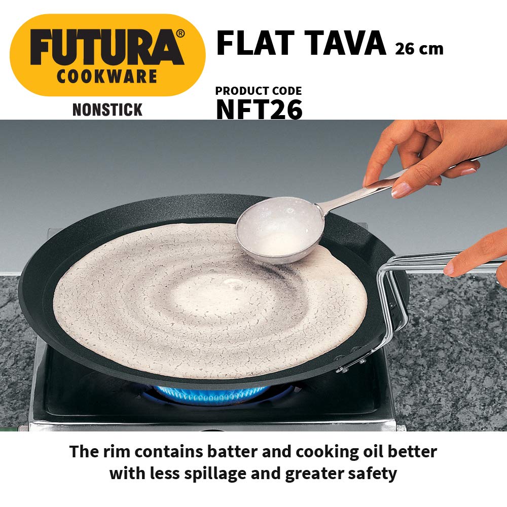 Hawkins Futura Nonstick Flat Tava 26 cm (4.88 mm Thick) – Stay-Cool Stainless Steel Handle (NFT26)
