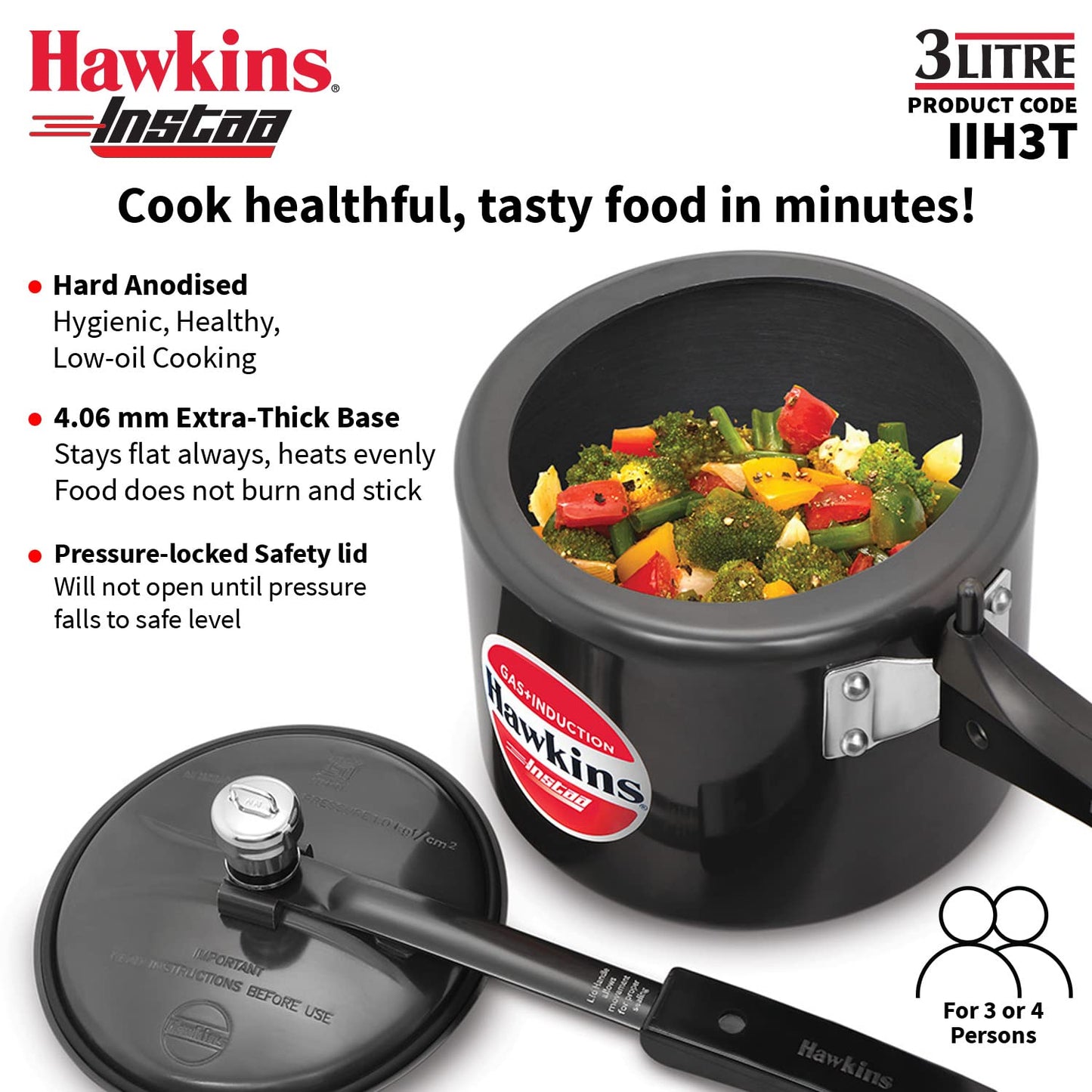 Hawkins Heera 3 Litre Induction Compatible Pressure Cooker (IIH3T) | Aluminium Pressure Cooker with Inner Lid
