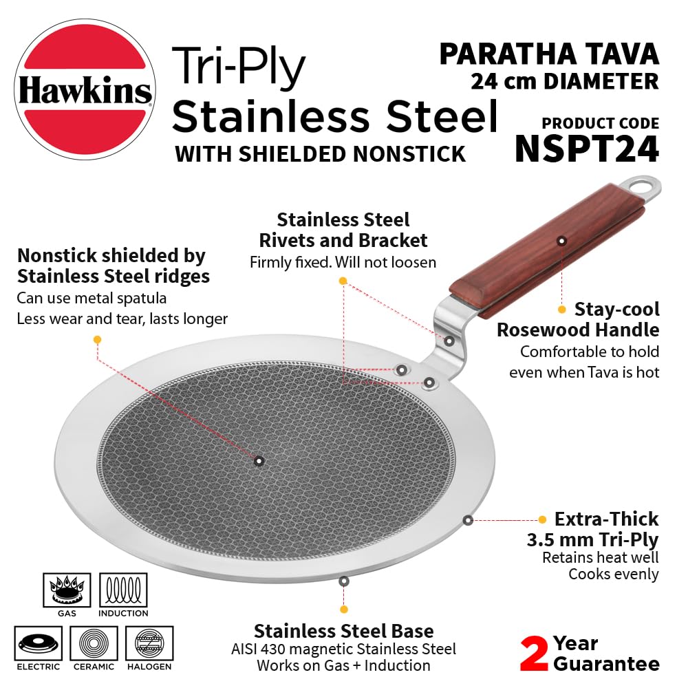 Hawkins Tri-Ply Stainless Steel Paratha Tava, 24 cm (NSPT24) | Shielded Nonstick & Induction Base
