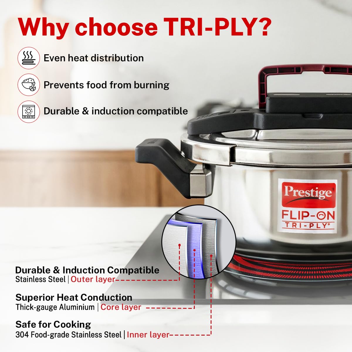 Prestige Flip-On Tri-Ply Stainless Steel Pressure Cooker, 3 Litre | India's First Spillage Control Cooker with Glass Lid