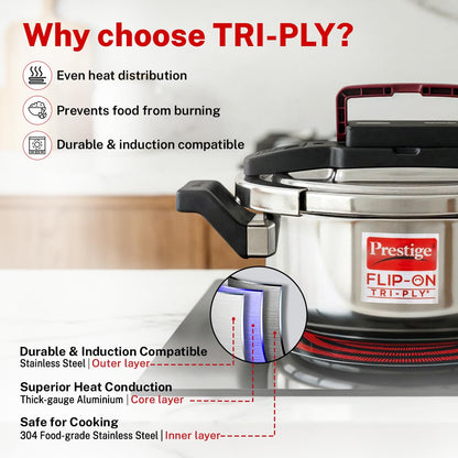 Prestige Flip-On Tri-Ply Stainless Steel Pressure Cooker, 3 Litre | India's First Spillage Control Cooker with Glass Lid