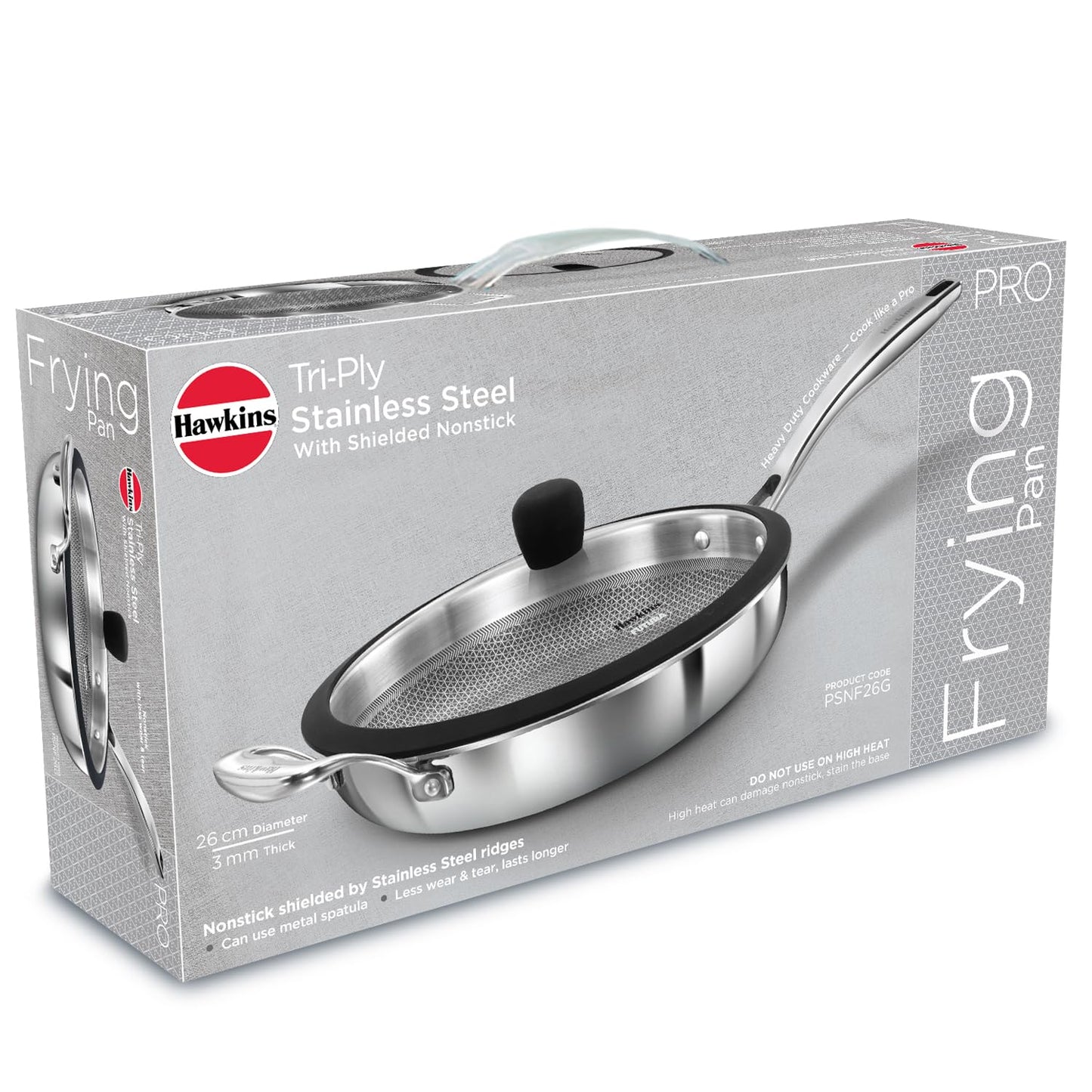 Hawkins Pro 26 cm Tri-Ply Stainless Steel Frying Pan with Glass Lid | Shielded Nonstick (PSNF26G)