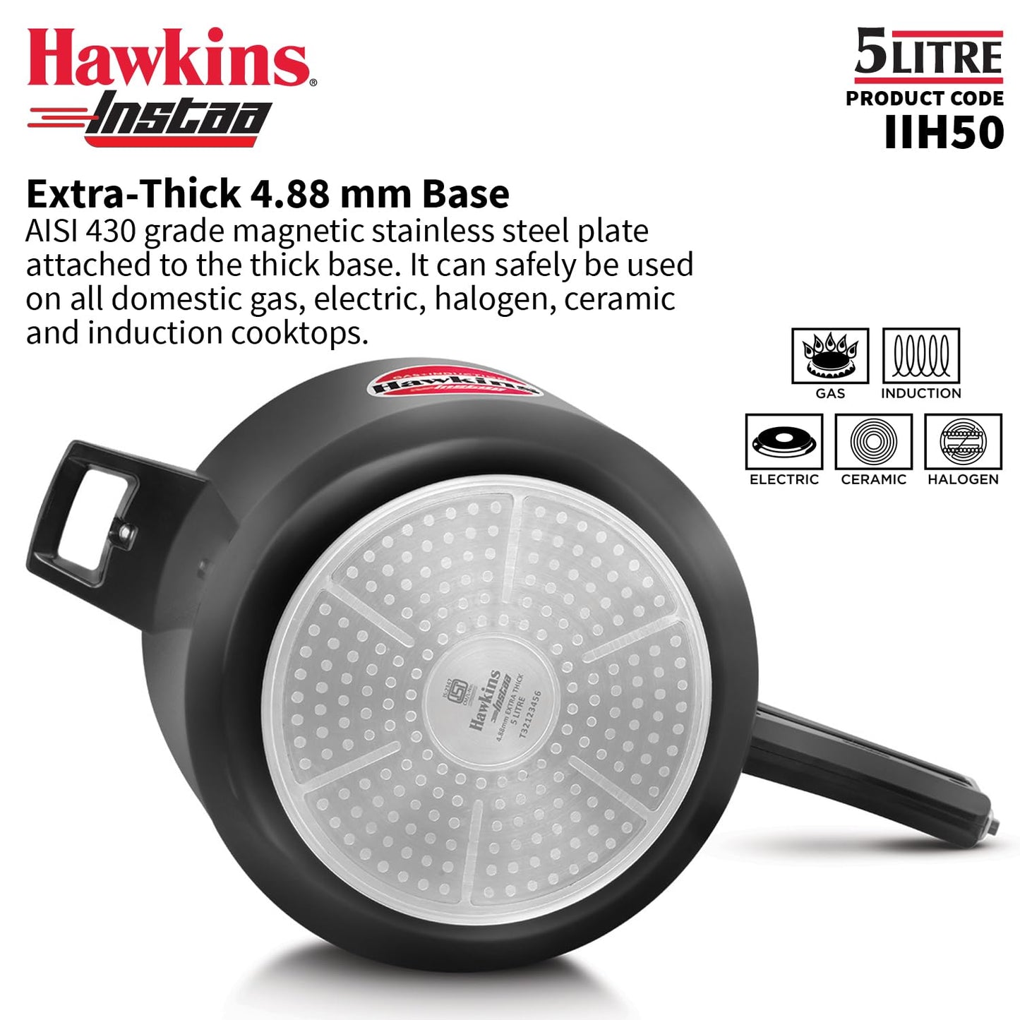 Hawkins Instaa 5 Litre Hard Anodised Pressure Cooker | Gas and Induction Compatible (IIH50)